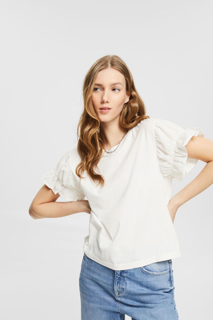 T-shirt with flounce sleeves, organic cotton, OFF WHITE, detail image number 0