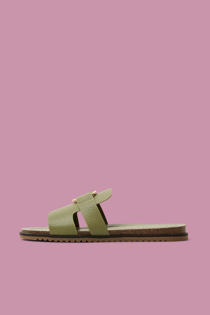Faux leather sliders with ring detail, KHAKI GREEN, detail image number 0