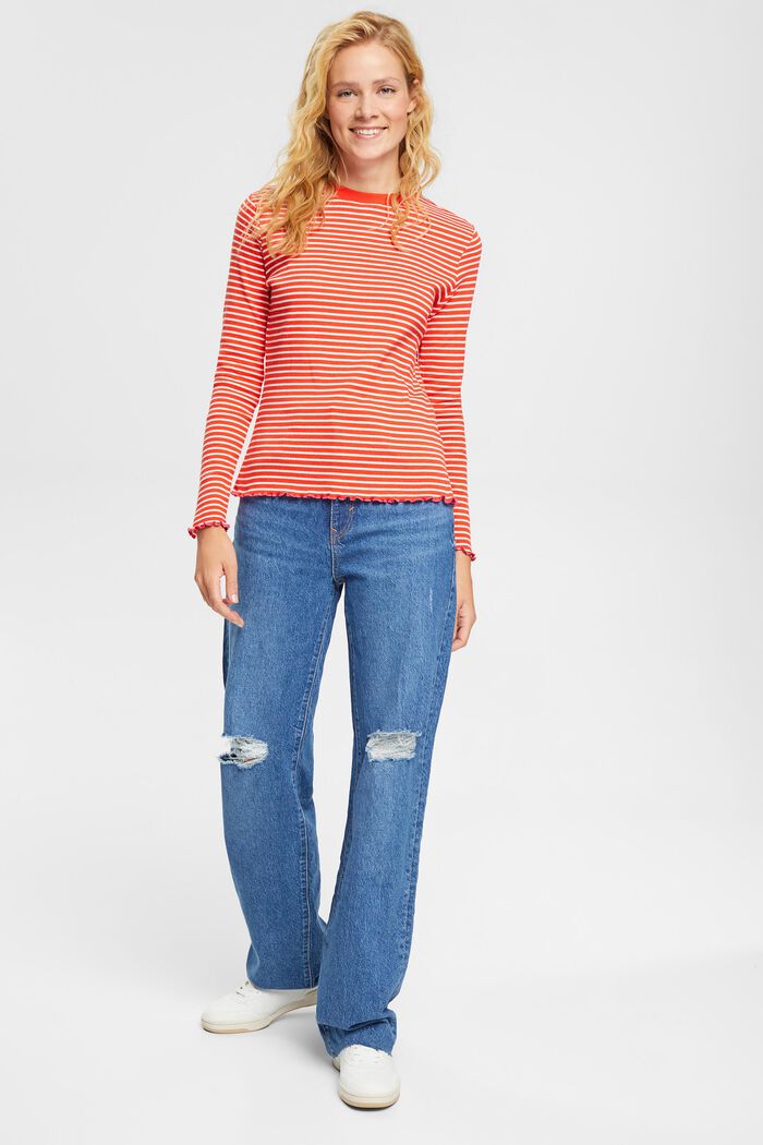 Striped pointelle long sleeve top, RED, detail image number 2