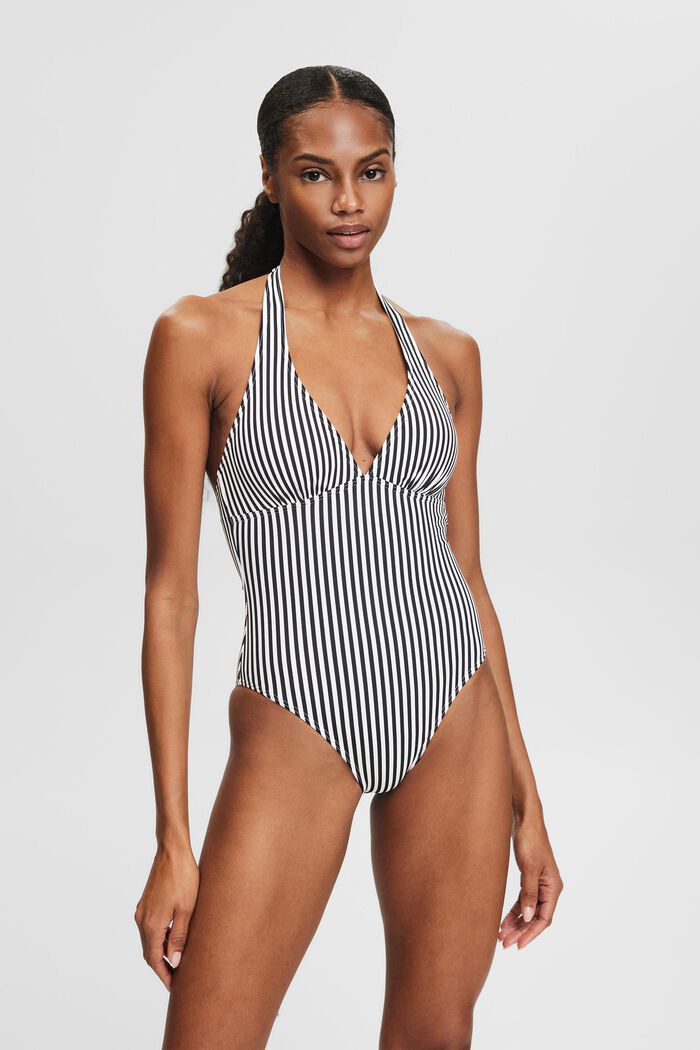 Striped Halterneck Swimsuit, BLACK, detail image number 0