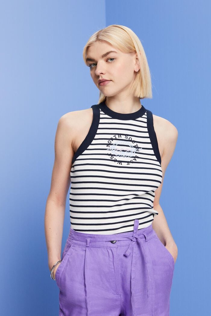 Embroidered ribbed tank top with print, NAVY, detail image number 0