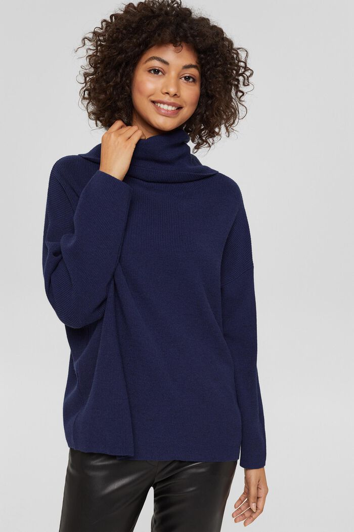 Wool/cashmere blend: jumper with a cowl collar, NAVY, detail image number 0