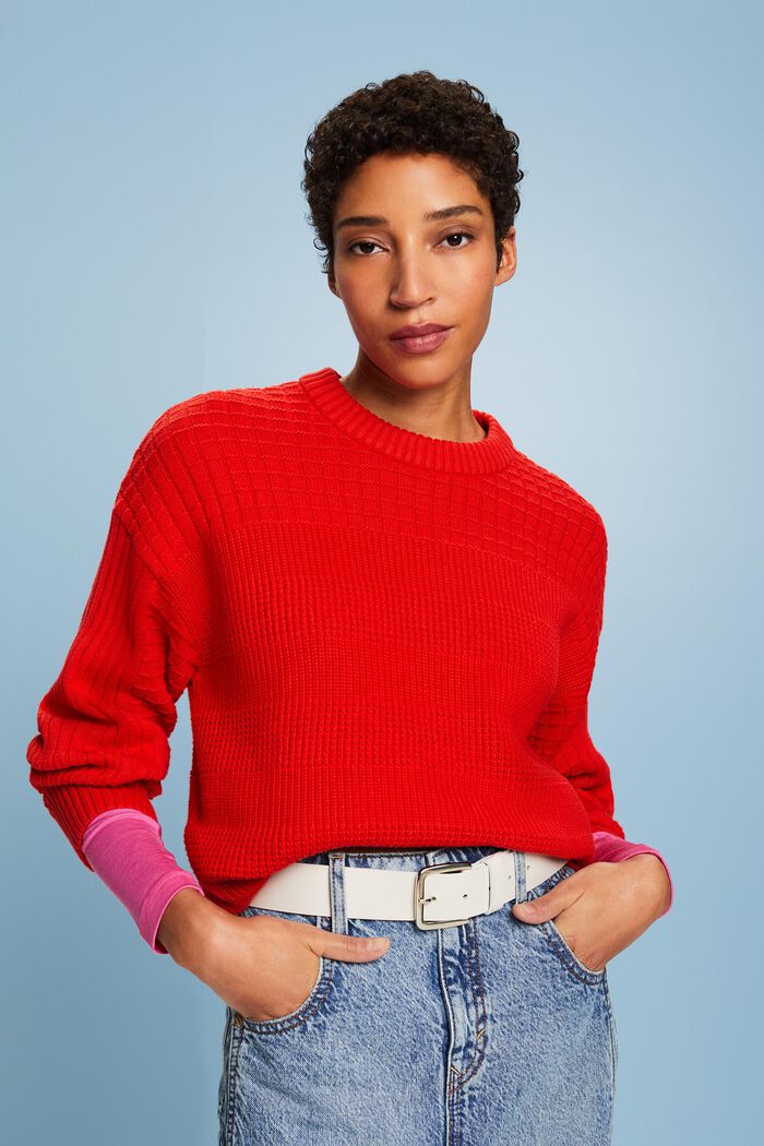 Structured Round Neck Sweater, RED, detail image number 0