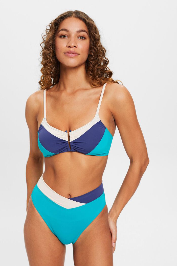 Padded U bar bikini top in colour block design, TEAL GREEN, detail image number 0