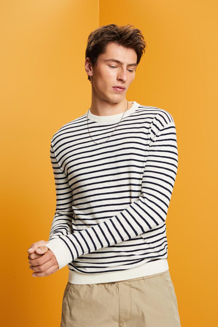 Striped crewneck jumper, cotton-linen blend, ICE, detail image number 0
