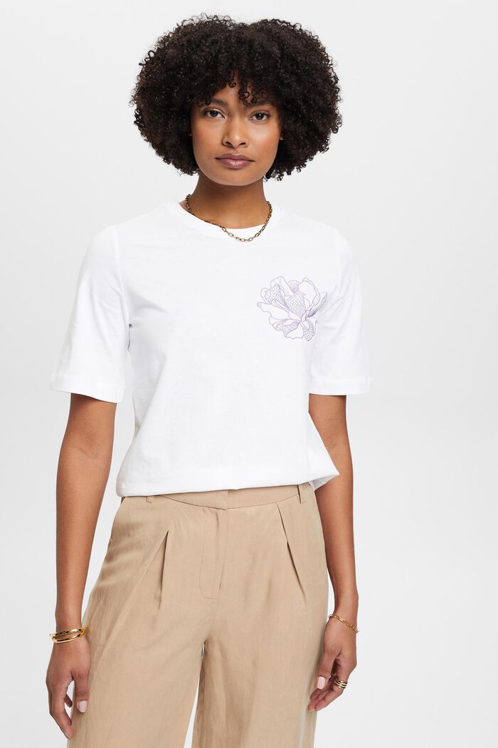 Cotton t-shirt with embroidered flower, OFF WHITE, detail image number 0