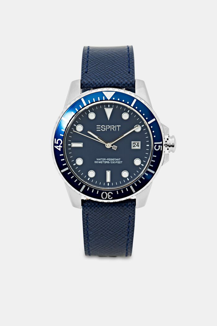 Stainless-steel watch with a leather strap, BLUE, overview