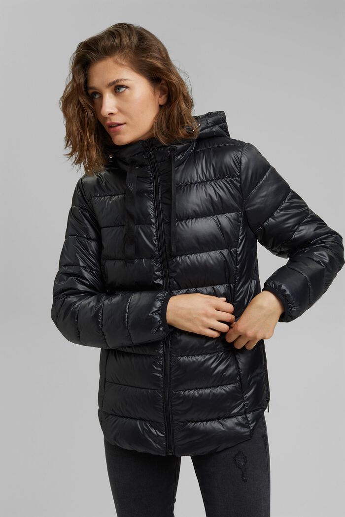 Quilted jacket with a detachable hood, made of recycled material, BLACK, overview