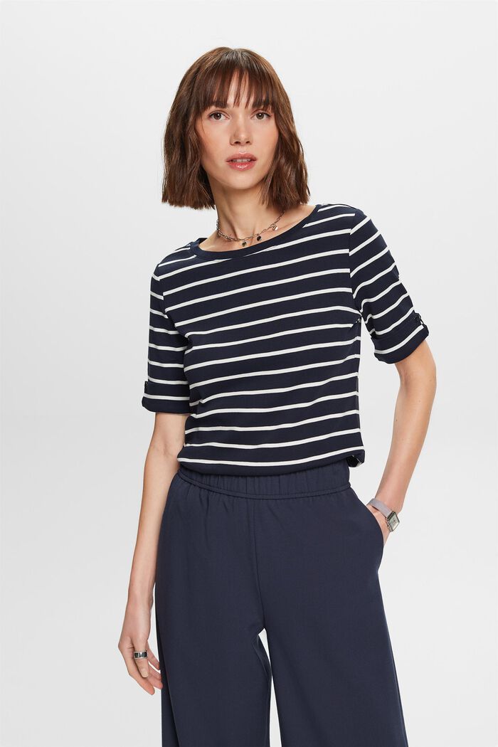 Striped Round Neck Cotton Top, NAVY, detail image number 1