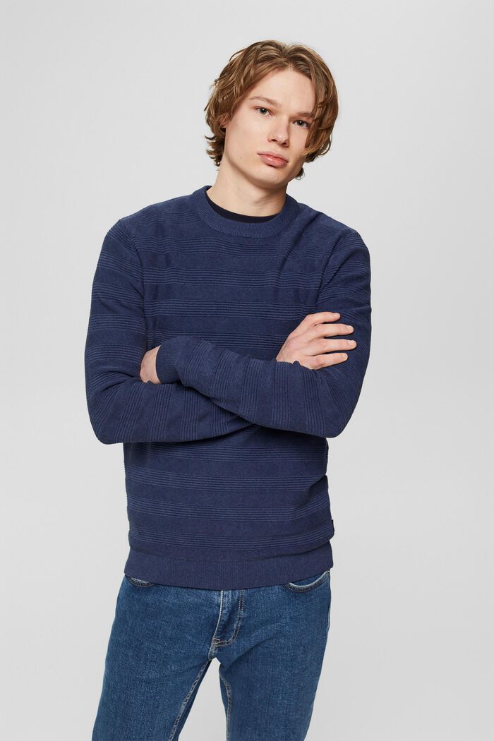 Organic cotton jumper with ribbed stripes, DARK BLUE, detail image number 0
