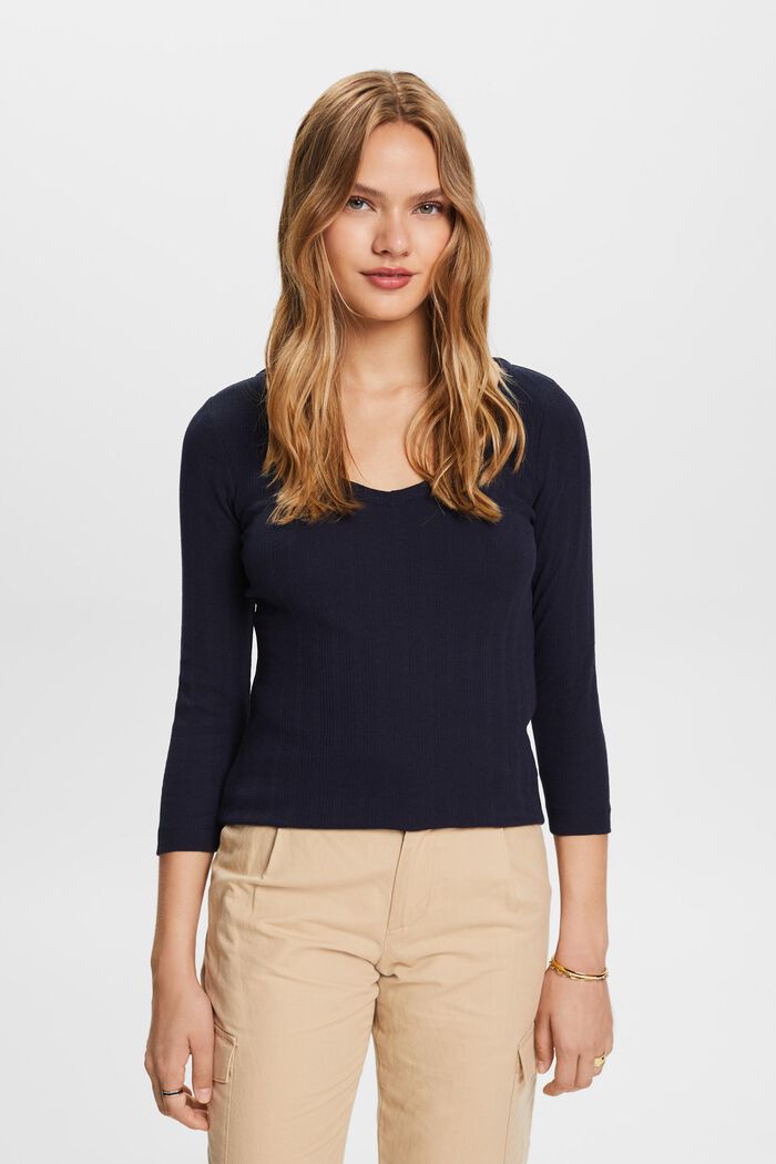 Pointelle long-sleeve top, NAVY, detail image number 0