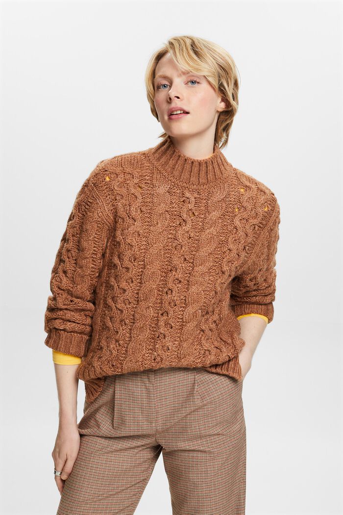 Cable-Knit Wool-Blend Sweater, CARAMEL, detail image number 1