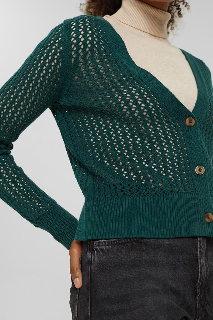 Openwork knit cardigan, 100% cotton, DARK TEAL GREEN, detail image number 1