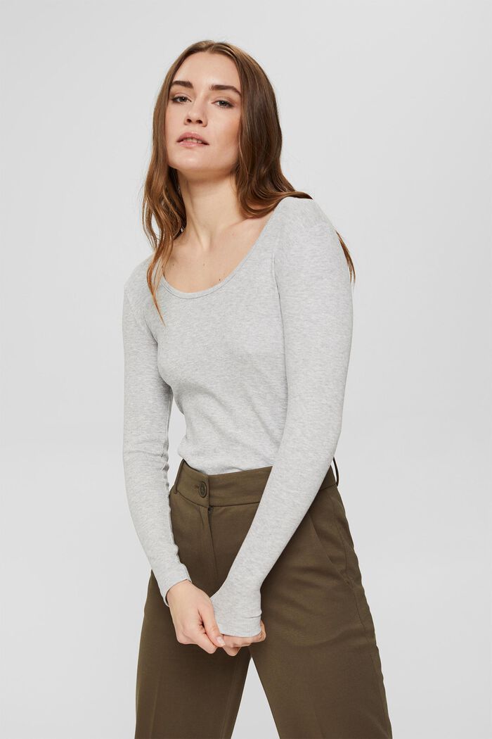 Ribbed long sleeve top in blended organic cotton, LIGHT GREY, detail image number 0