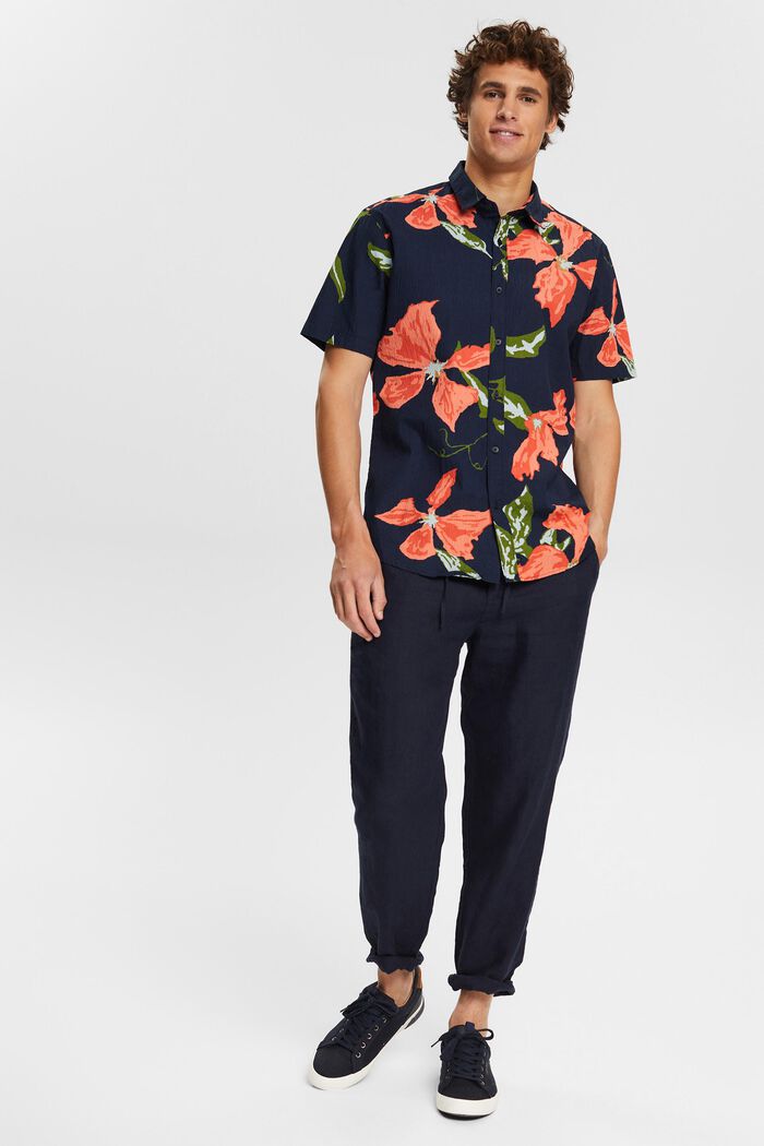 Seersucker shirt with a floral pattern, NAVY, detail image number 1