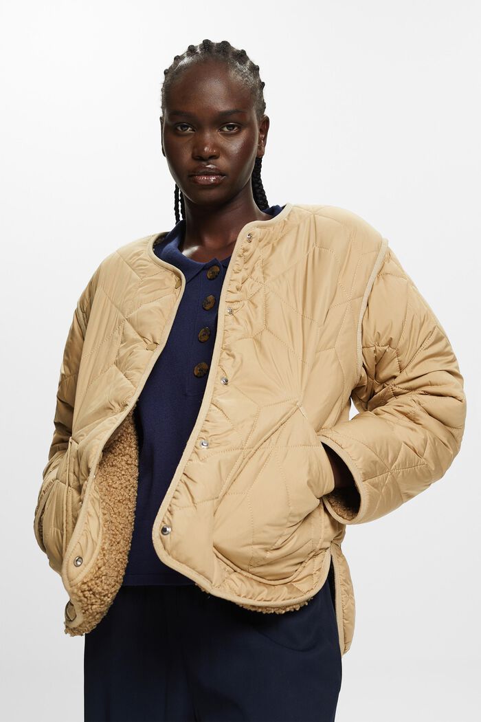 Recycled: quilted jacket with teddy lining, KHAKI BEIGE, detail image number 5