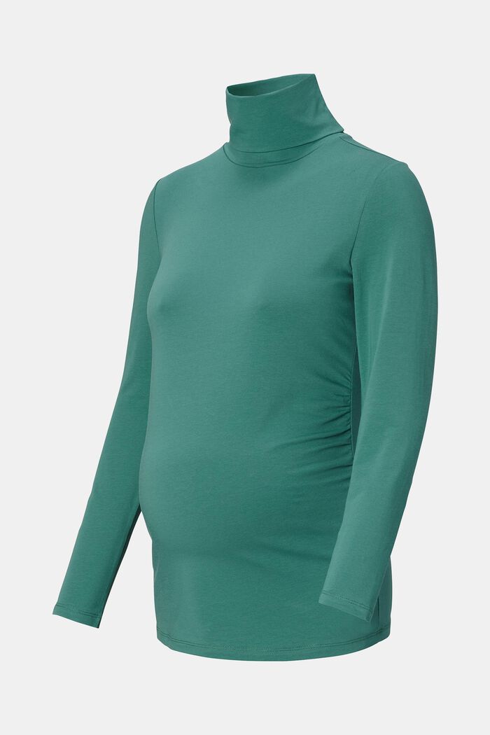 Polo neck long sleeve top made of organic cotton, TEAL GREEN, overview