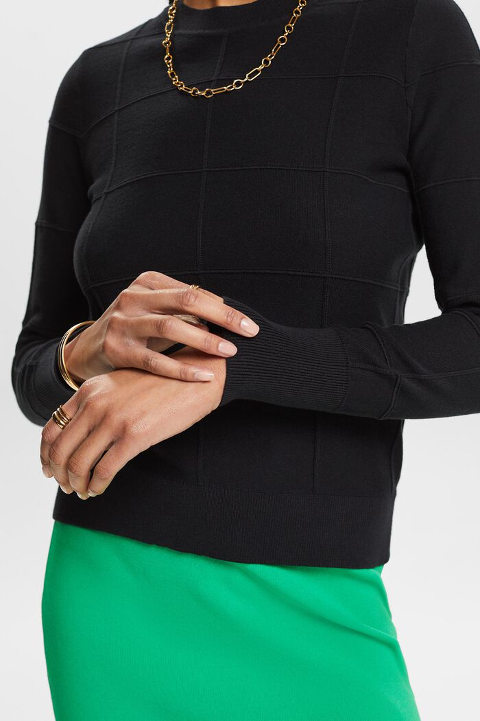 Textured Tonal Grid Sweater, BLACK, detail image number 3