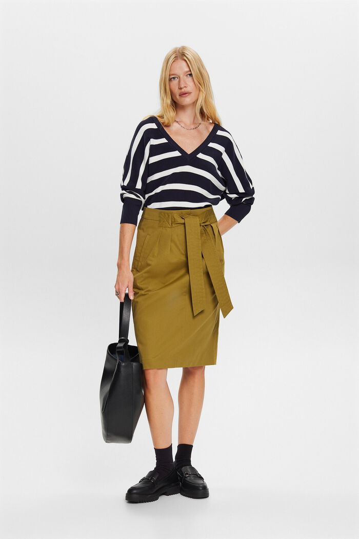 Belted knee length skirt, 100% cotton, OLIVE, detail image number 1