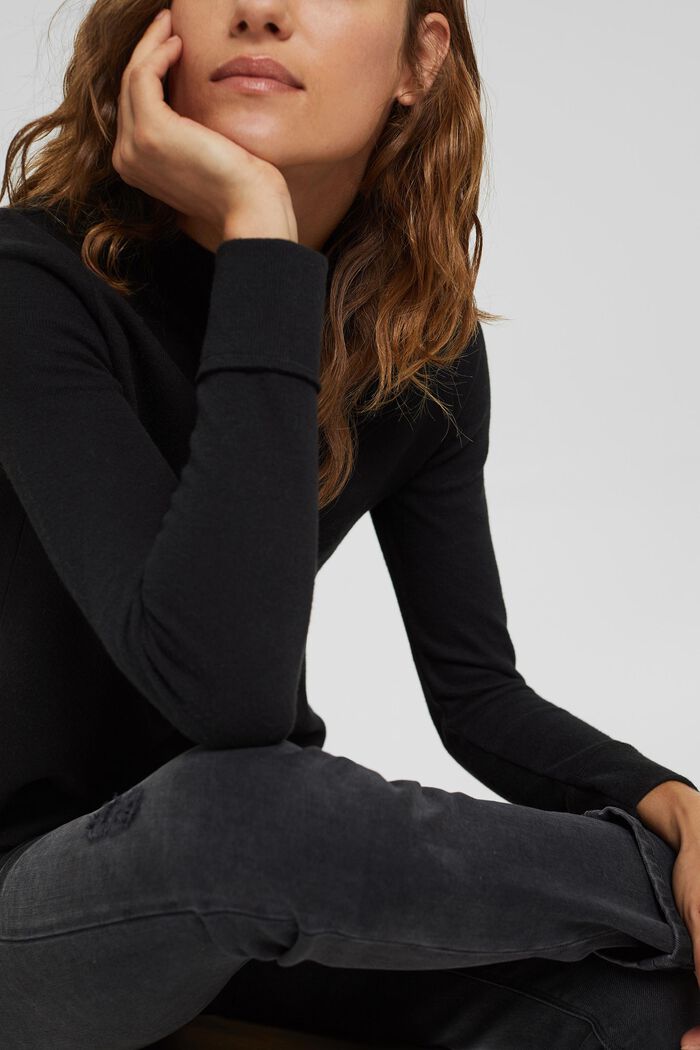 Sweatshirt with a stand-up collar, blended organic cotton, BLACK, detail image number 2