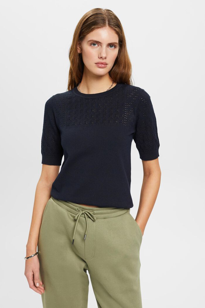 Short-sleeved mouliné sweater, NAVY, detail image number 0