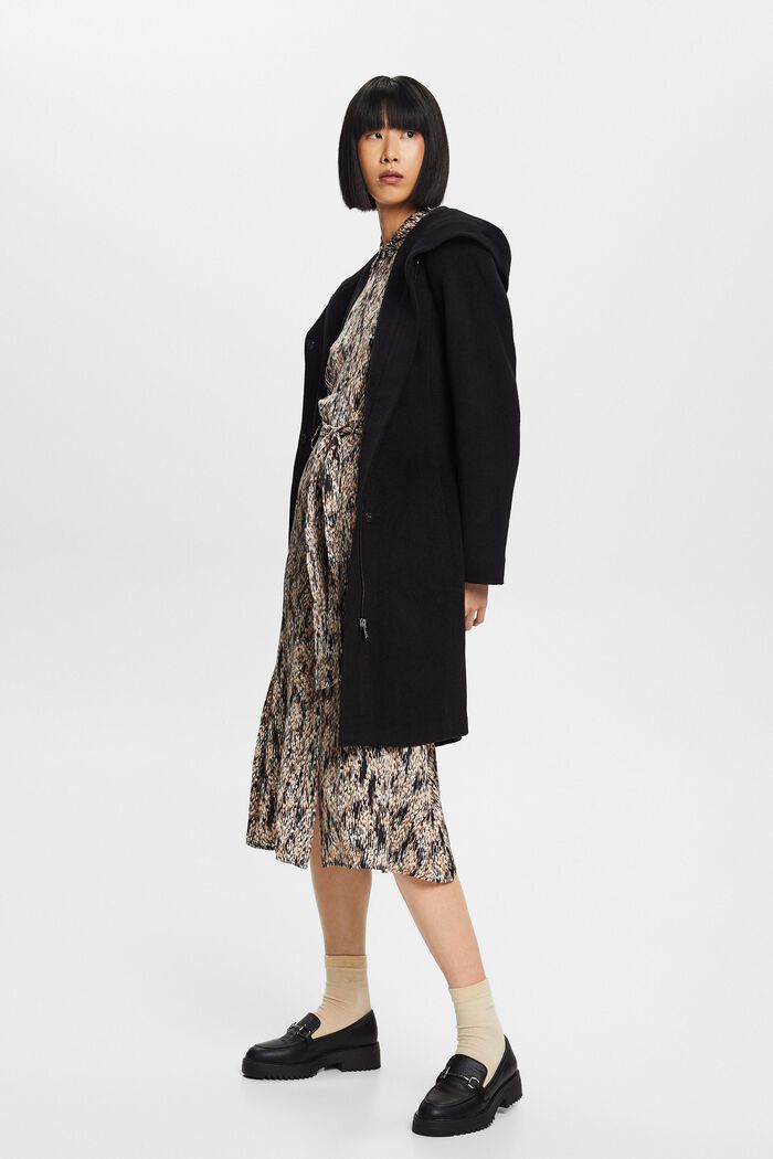Recycelt: hooded wool blend coat with belt, BLACK, detail image number 1