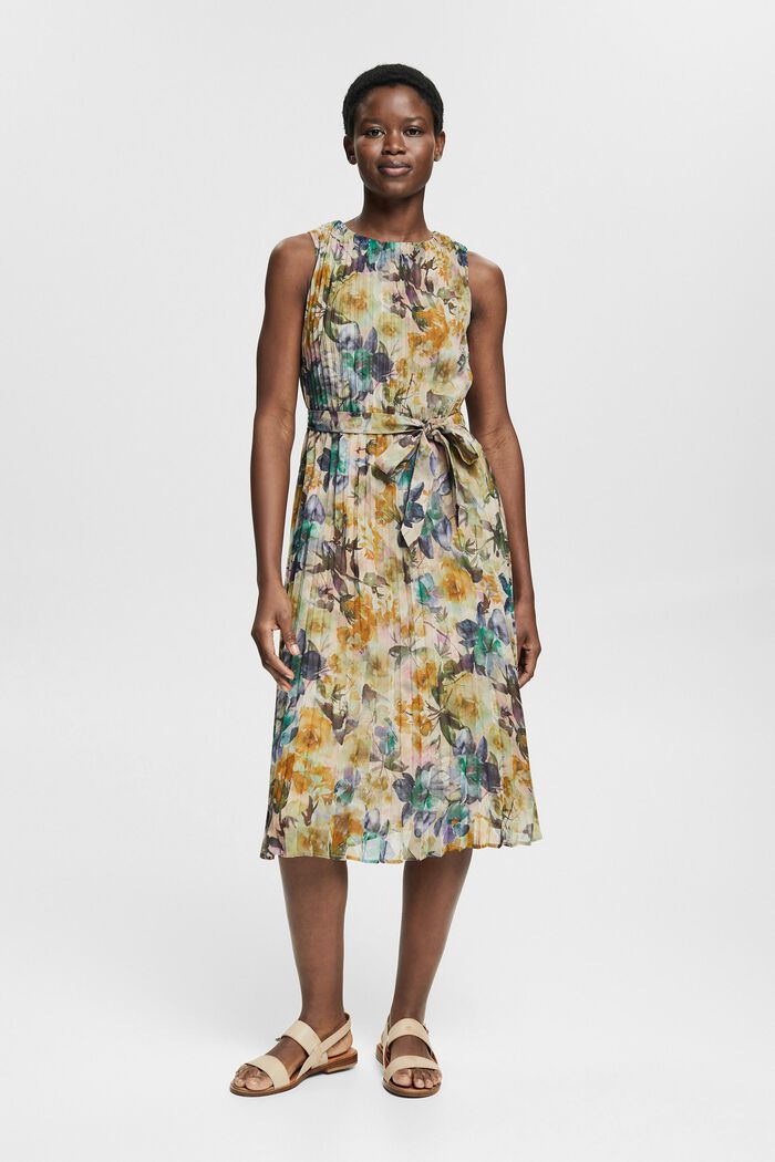 Made of recycled material: pleated dress with a floral print, OFF WHITE, detail image number 1