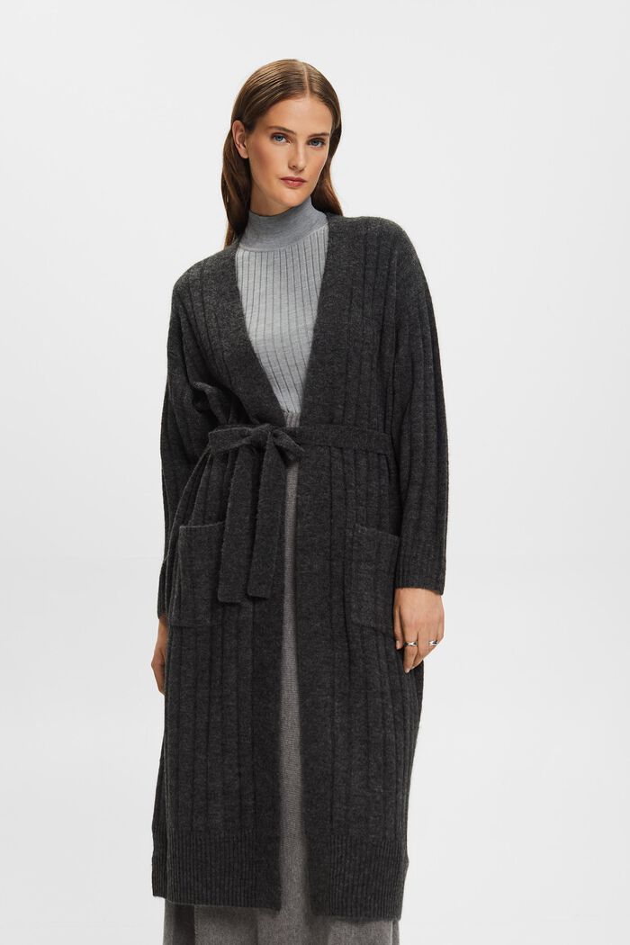 Belted Ribbed Knit Long Cardigan, ANTHRACITE, detail image number 2