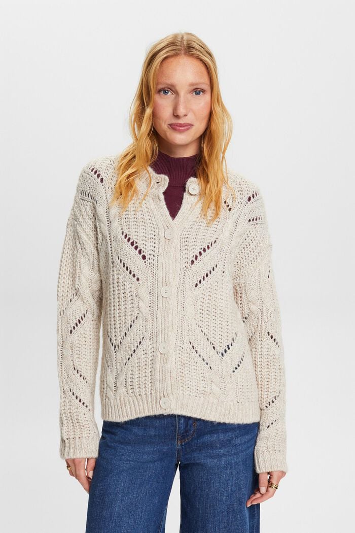 Open Knit Wool-Blend Cardigan, DUSTY NUDE, detail image number 1