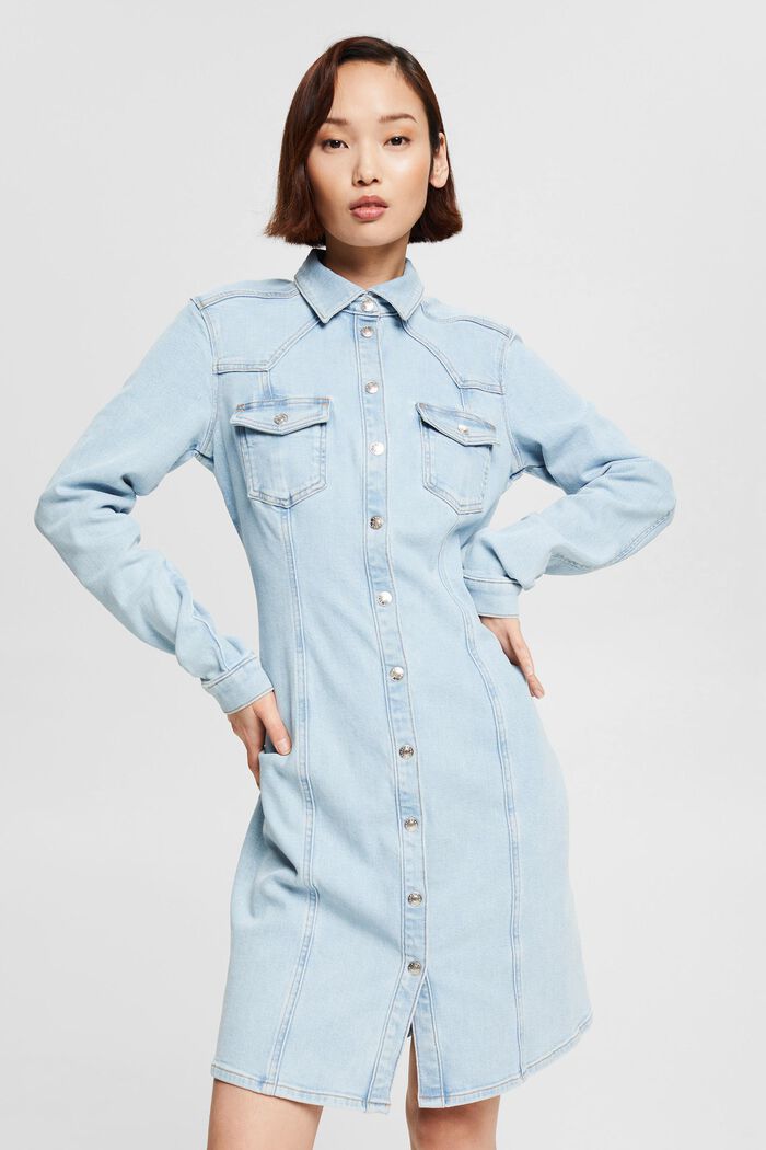 Denim dress with a button placket, BLUE LIGHT WASHED, detail image number 0