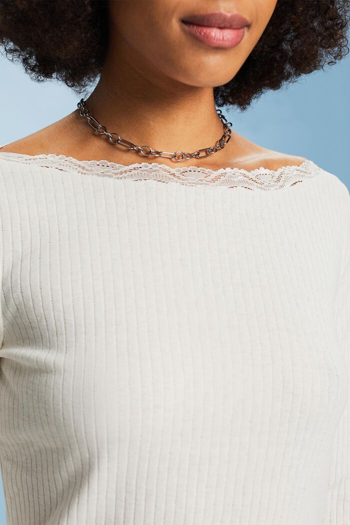 Rib-knit Lace Boatneck Longsleeve Top, ICE, detail image number 3