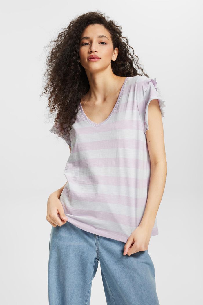 Striped T-shirt with flounce sleeves, LILAC, overview