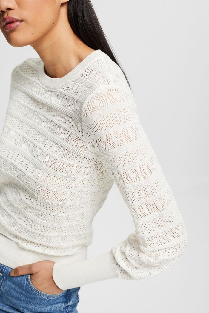Jumper with an openwork pattern, 100% cotton, OFF WHITE, detail image number 2
