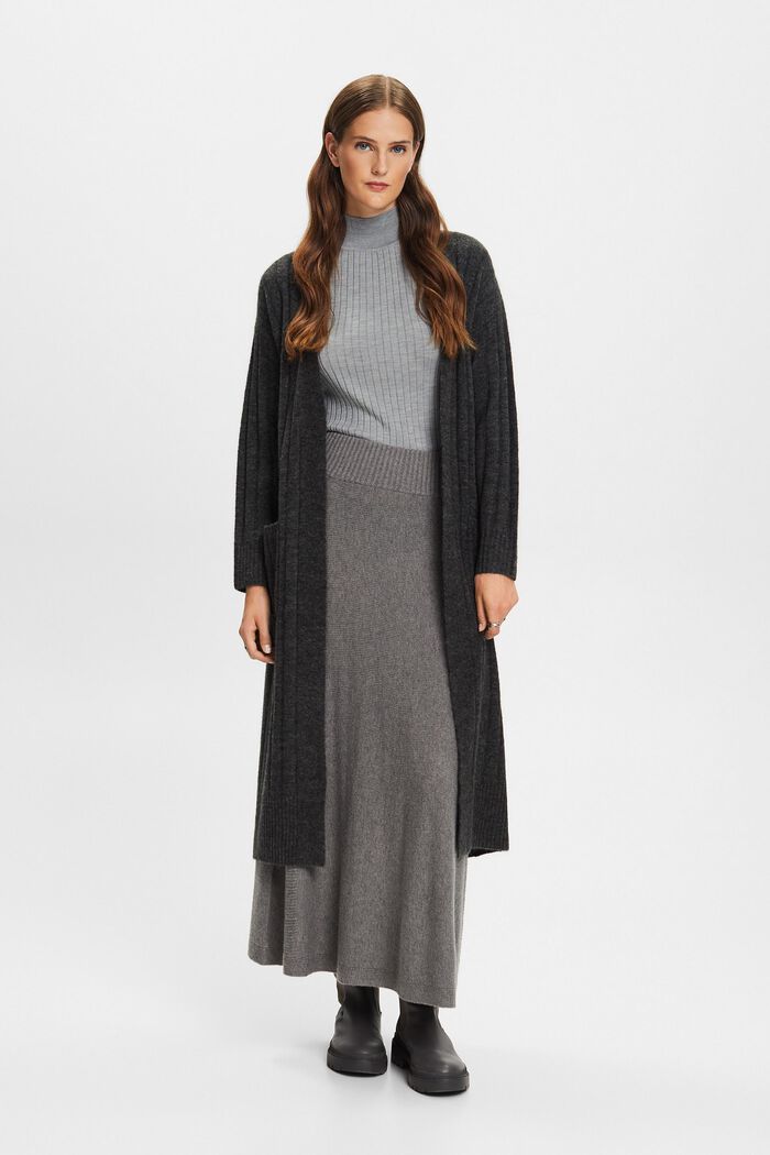Belted Ribbed Knit Long Cardigan, ANTHRACITE, detail image number 0