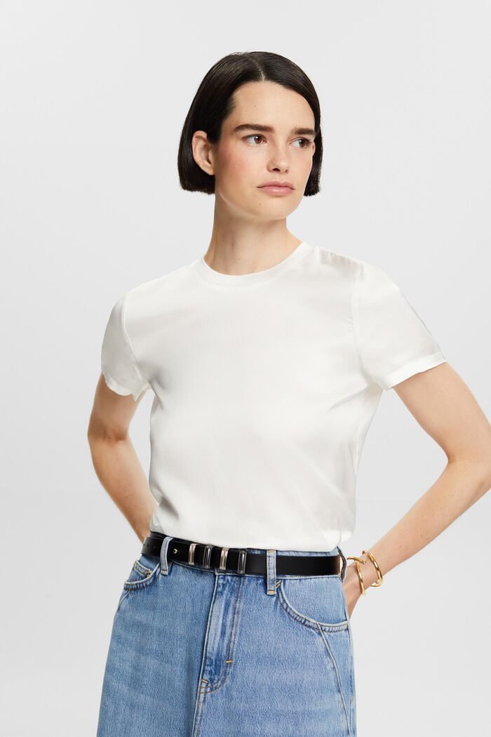 Short-sleeve satin blouse, OFF WHITE, detail image number 0