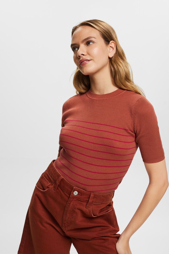 Short sleeve jumper with stripes, 100% cotton, TERRACOTTA, detail image number 0