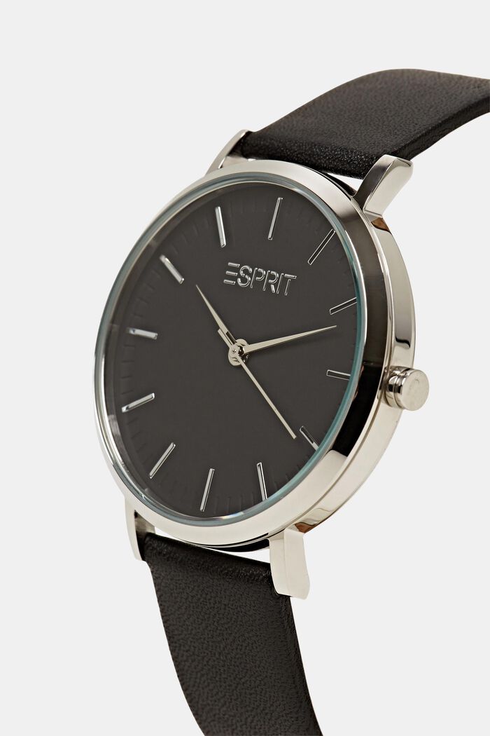 Stainless-steel watch with a leather strap, SILVER, detail image number 1