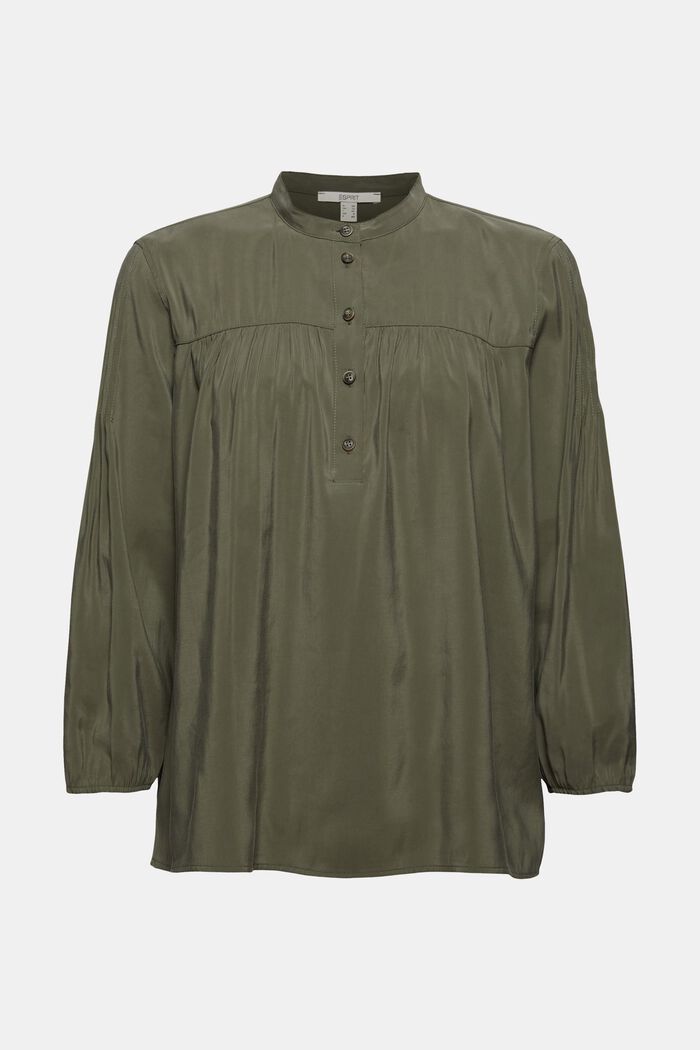 Shiny Henley blouse with LENZING™ ECOVERO™, DARK KHAKI, overview