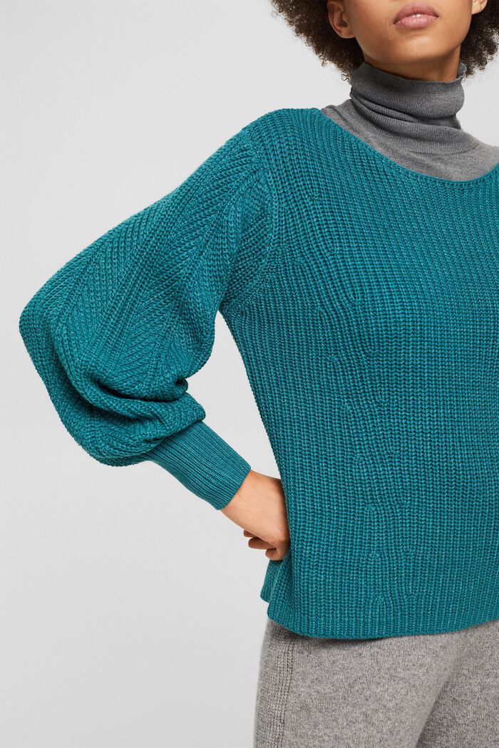 Jumper with balloon sleeves, organic cotton blend, EMERALD GREEN, detail image number 2