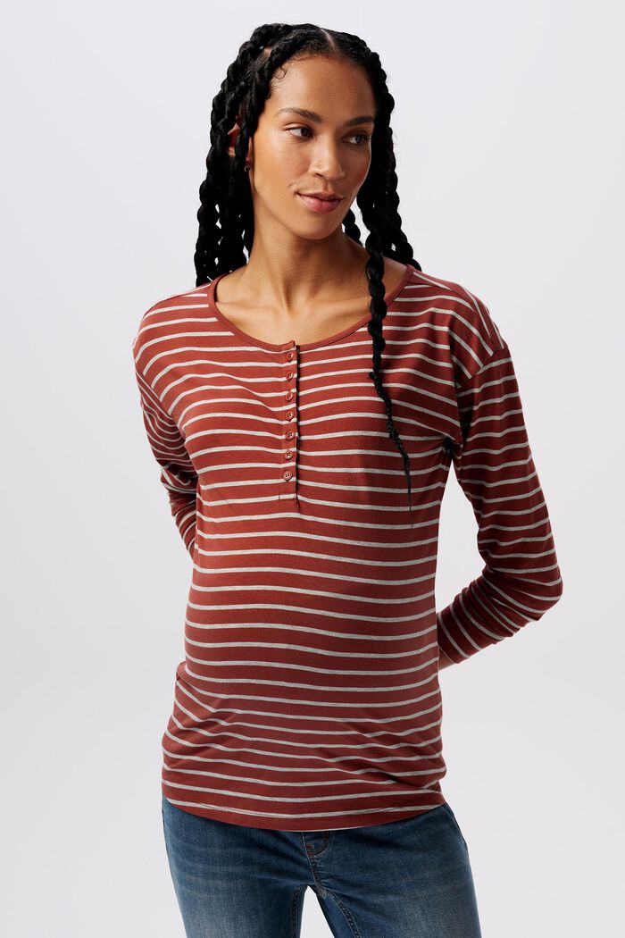 Striped Henley Long Sleeve Top, BROWN, detail image number 0
