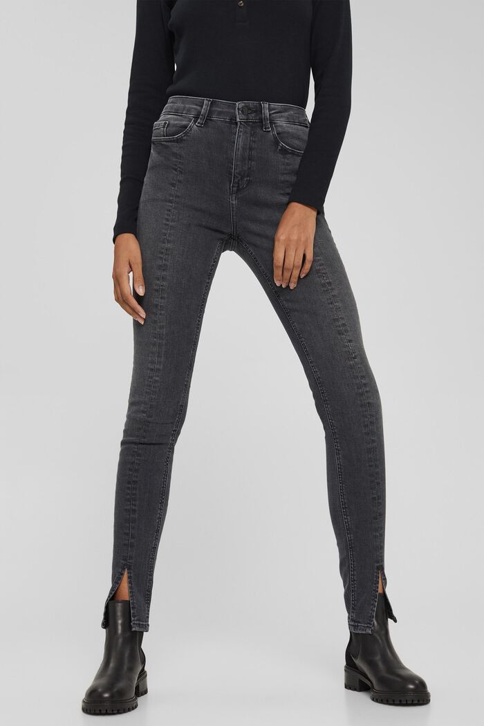 Stretch jeans with a slit, in organic cotton, BLACK DARK WASHED, detail image number 0