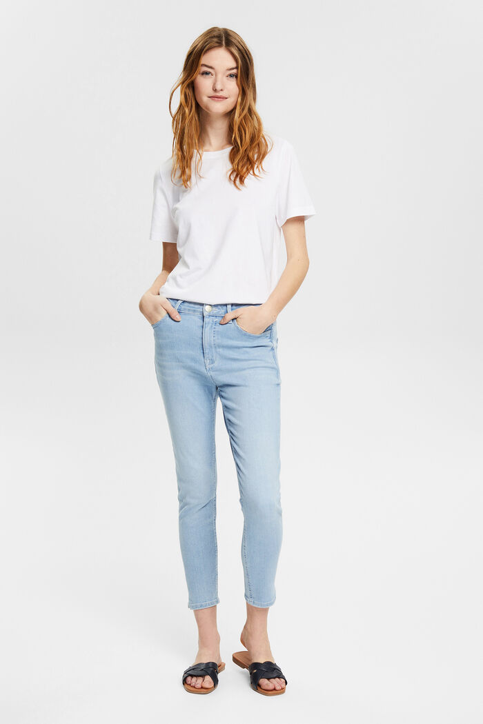 High-rise jeans with hem slits, BLUE LIGHT WASHED, overview