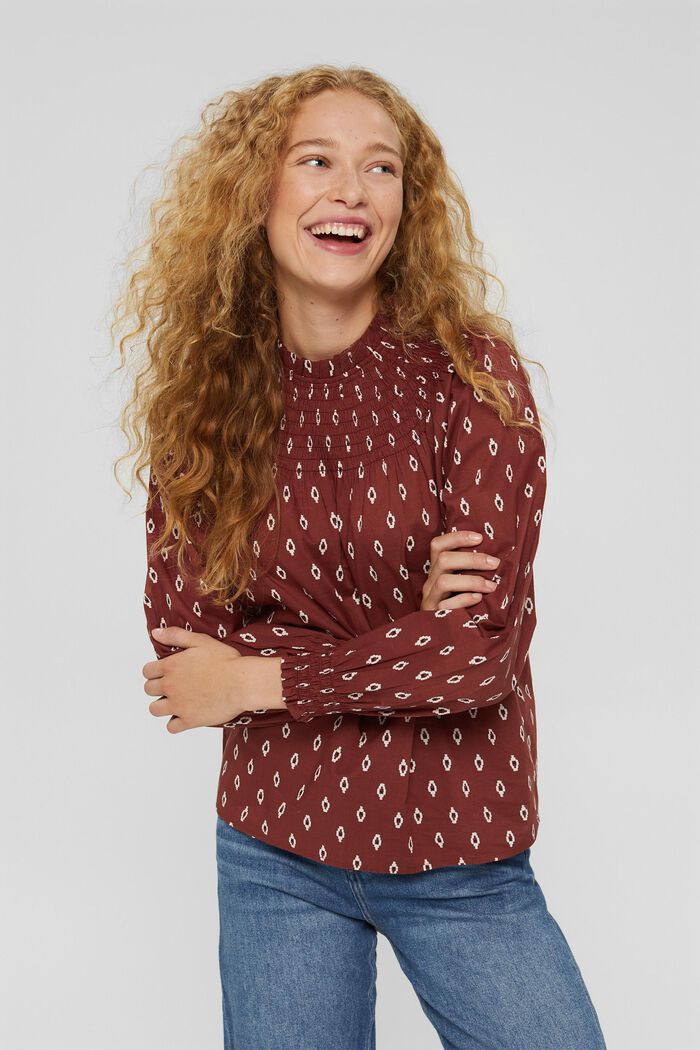 Smocked printed blouse made of organic cotton, GARNET RED, detail image number 0