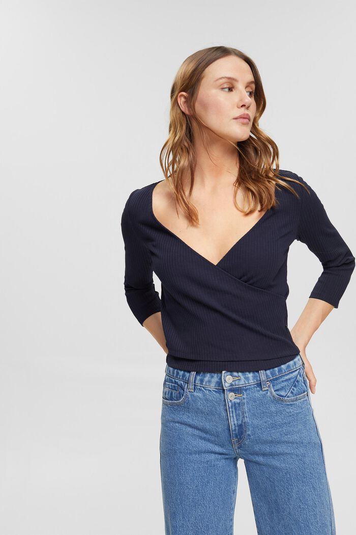 Wrap-over long sleeve top, NAVY, detail image number 0