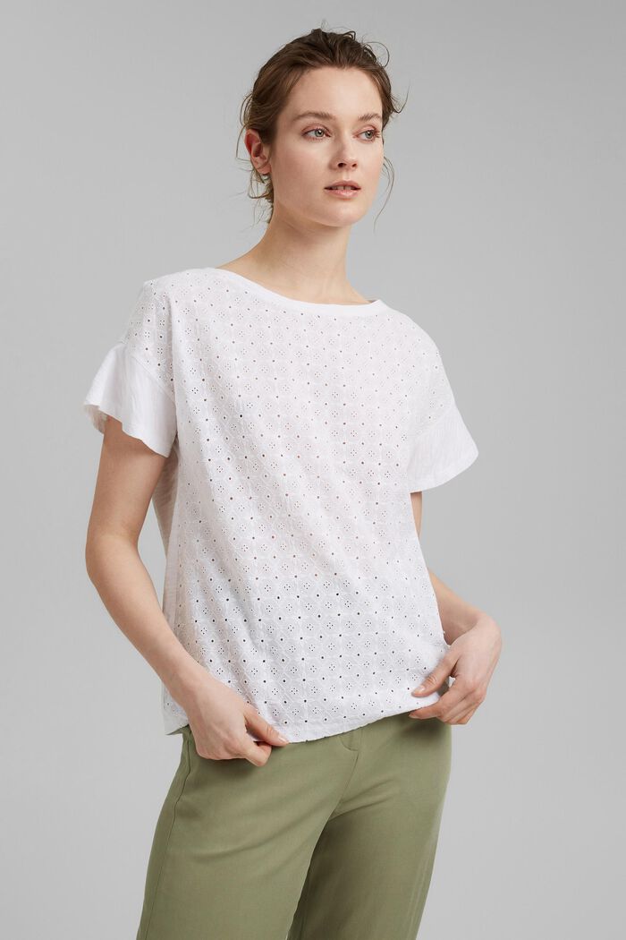 Organic cotton T-shirt with broderie anglaise, WHITE, overview