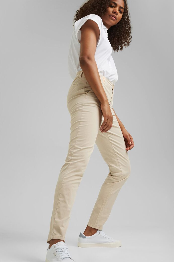 Stretch chinos containing pima organic cotton, BEIGE, overview