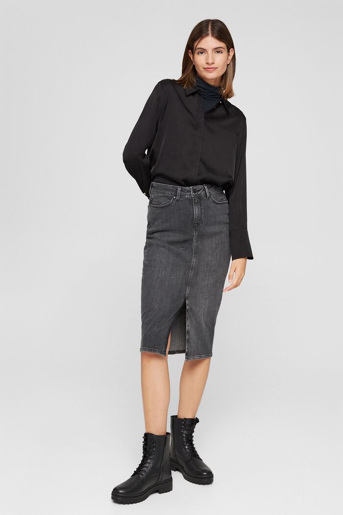 Midi-length denim skirt, organic cotton, GREY DARK WASHED, detail image number 1