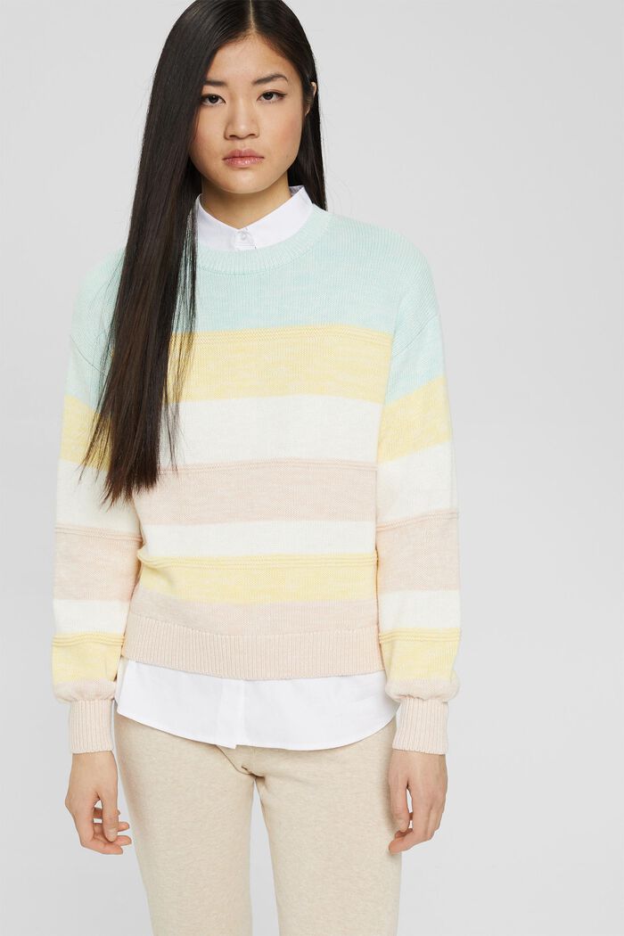 Striped knit jumper made of cotton, LIGHT TURQUOISE, overview