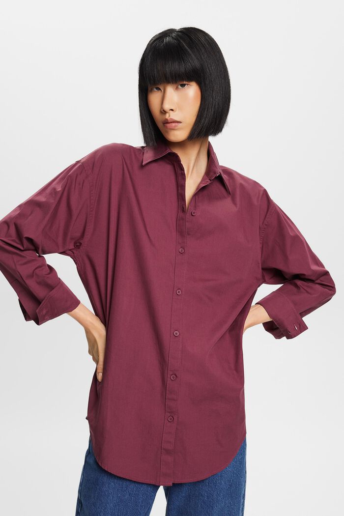 Poplin shirt blouse, 100% cotton, AUBERGINE, detail image number 0