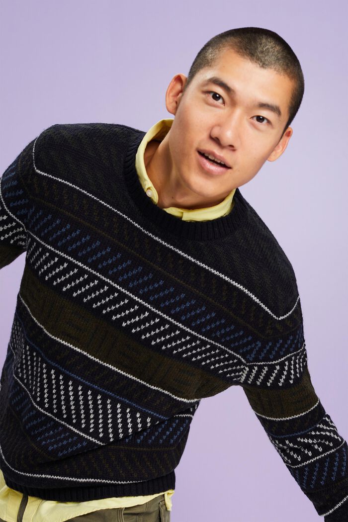 Patterned Wool Blend Sweater, NAVY, detail image number 4